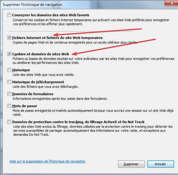 Supprimer caches et cookies sur IE