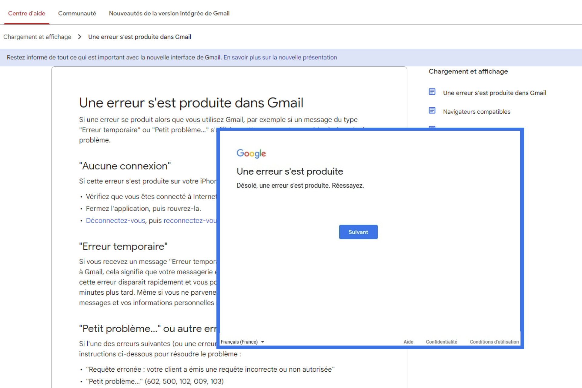 google une erreur s'est produite Gmail