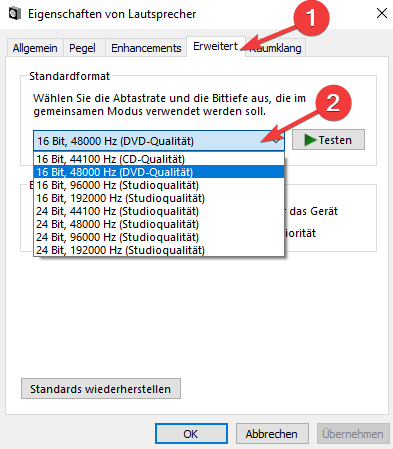 Standard-Soundformat windows 10