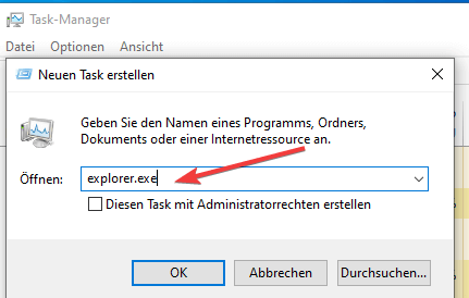 neuen task explorer.exe ausfuehren