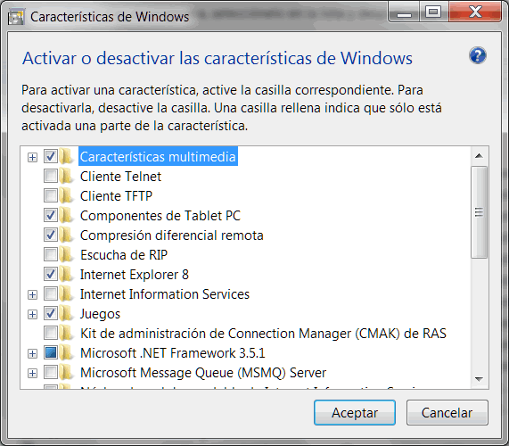 Activar o desactivar las características de Windows