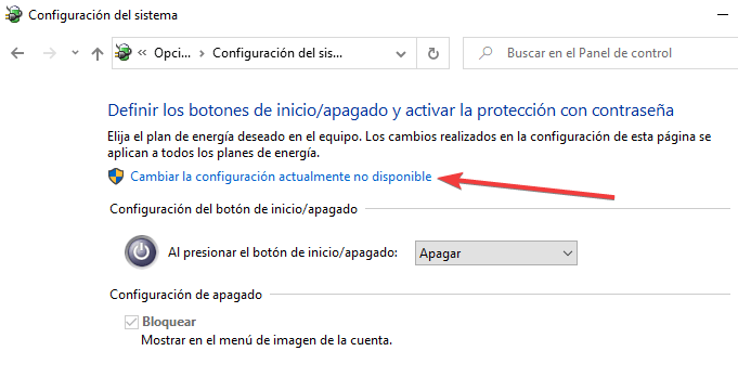 Cambiar la configuración actualmente no disponible