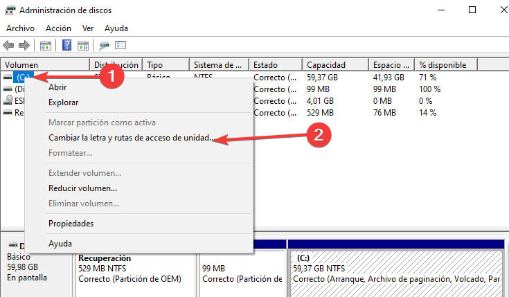 Cambiar la letra y rutas de acceso de unidad