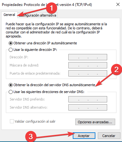Obtener dirección DNS automáticamente