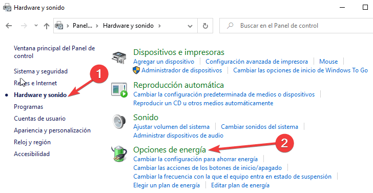 Opciones de energía windows 10