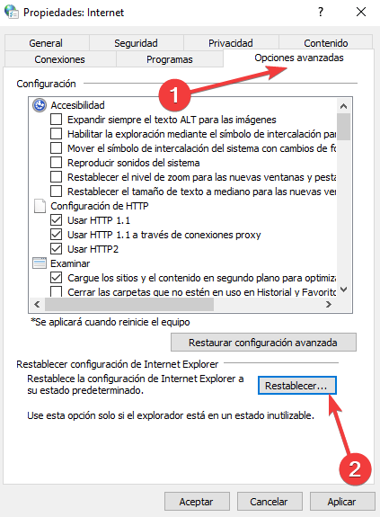 restablecer configuration internet