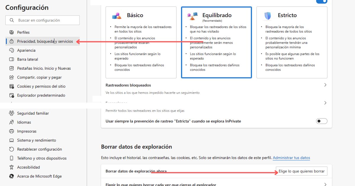 borrar datos de navegacion en edge