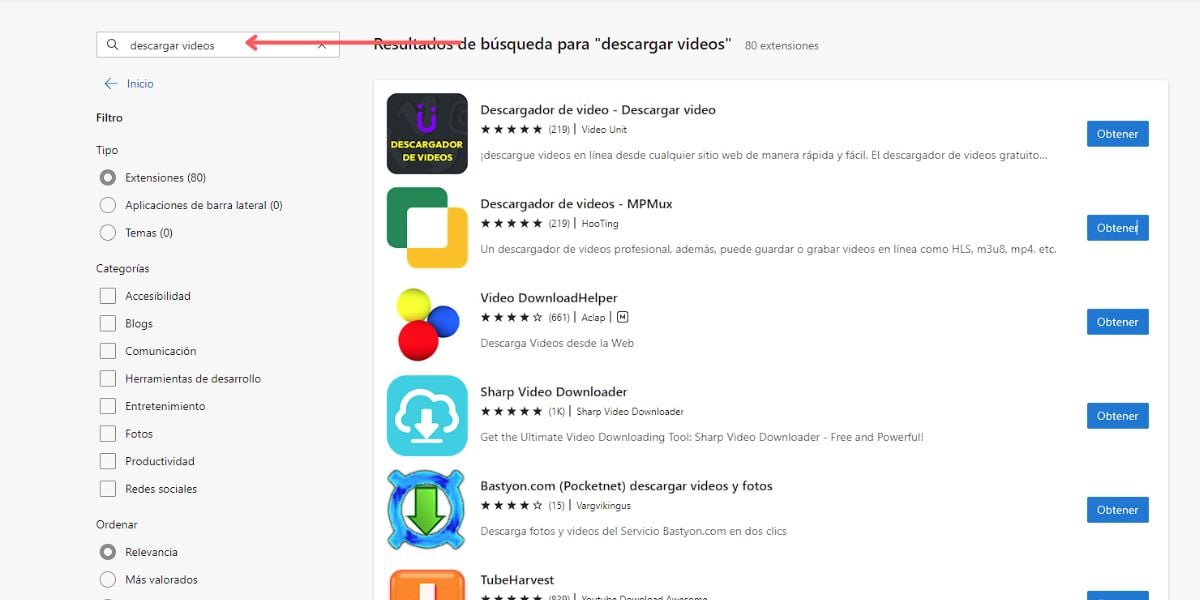 buscar extensiones de descarga