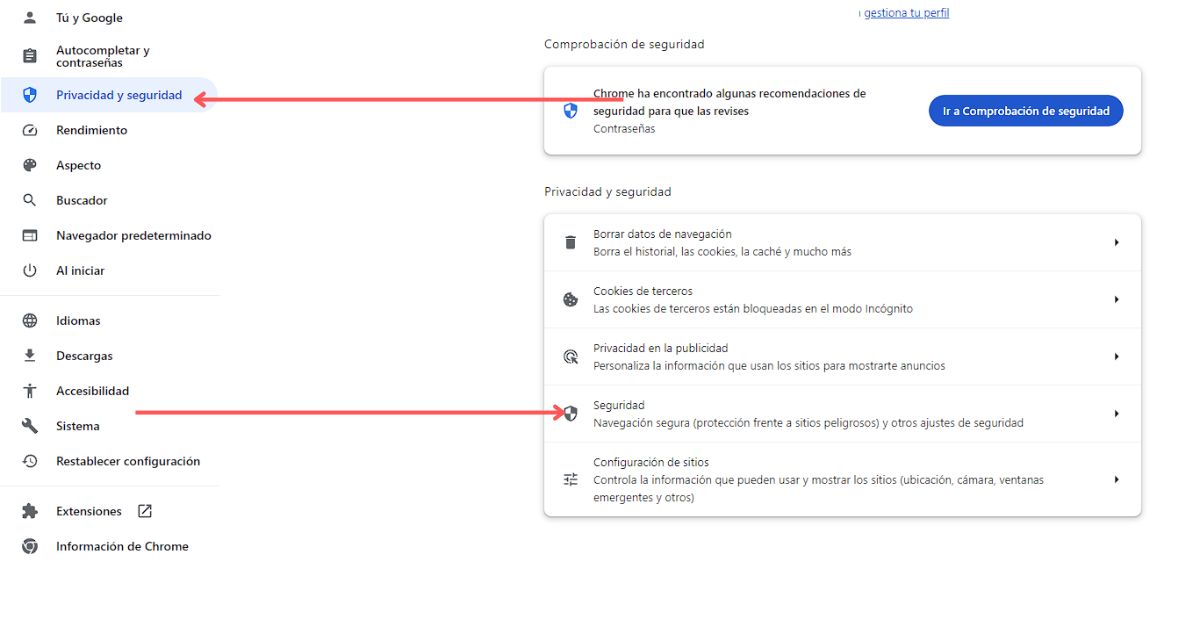 configurar seguridad google chrome